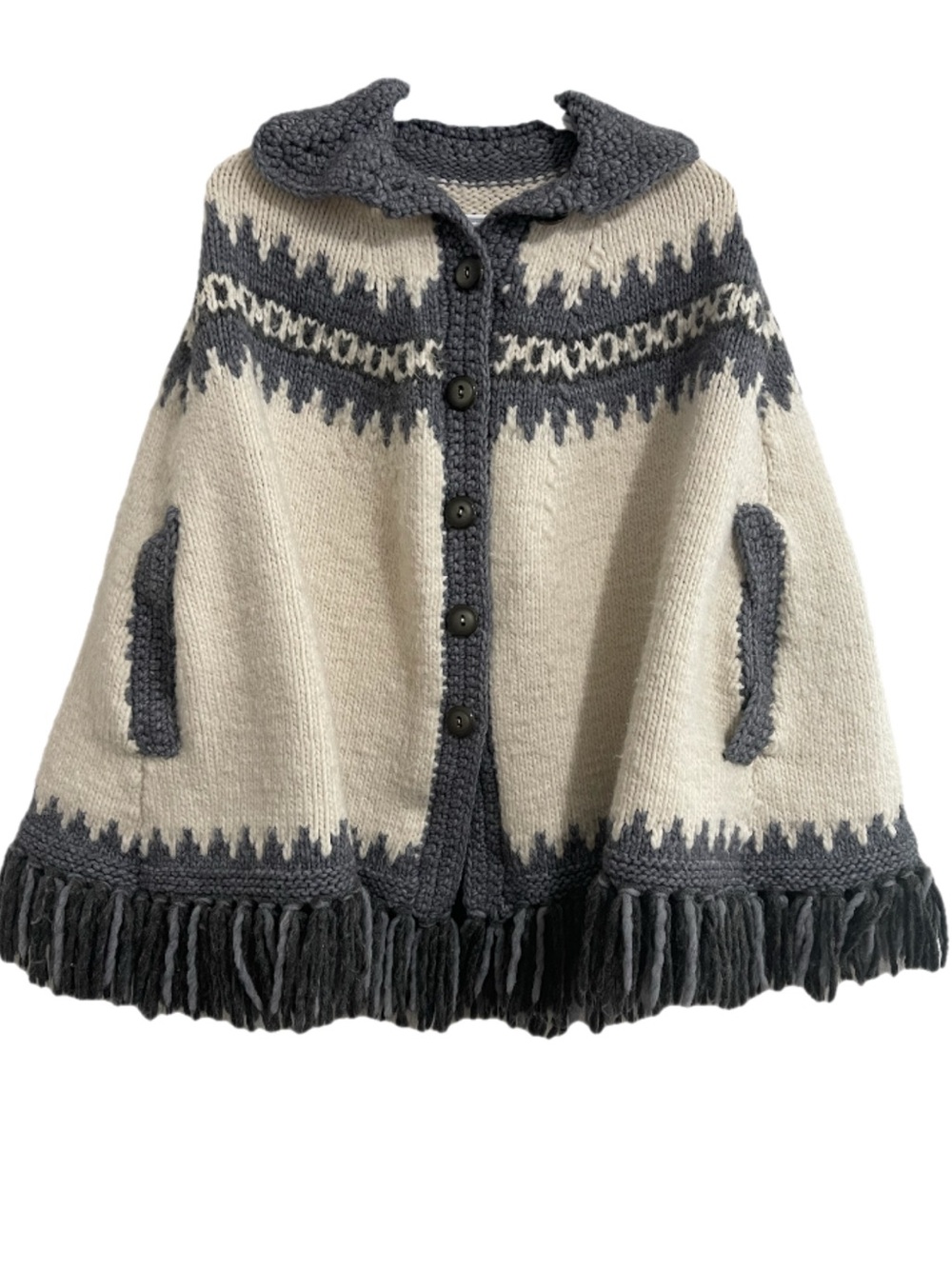 Hand Knitted Cream & Charcoal Knit Fringe Poncho Cape with Button Front